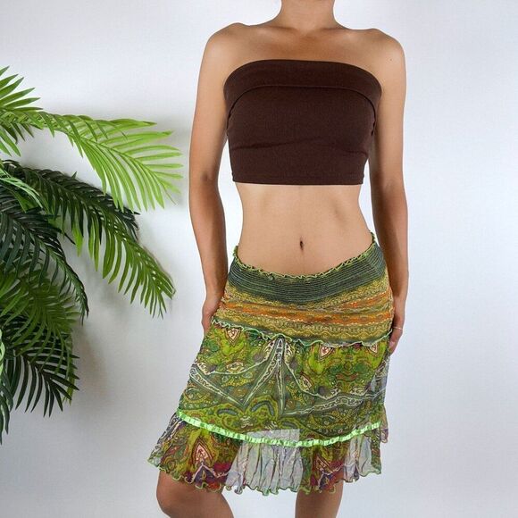 Vintage Y2K Green Fairy Grunge Hippie Bohemian Paisley Mesh Mini Skirt / Size: S - Picture 3 of 4